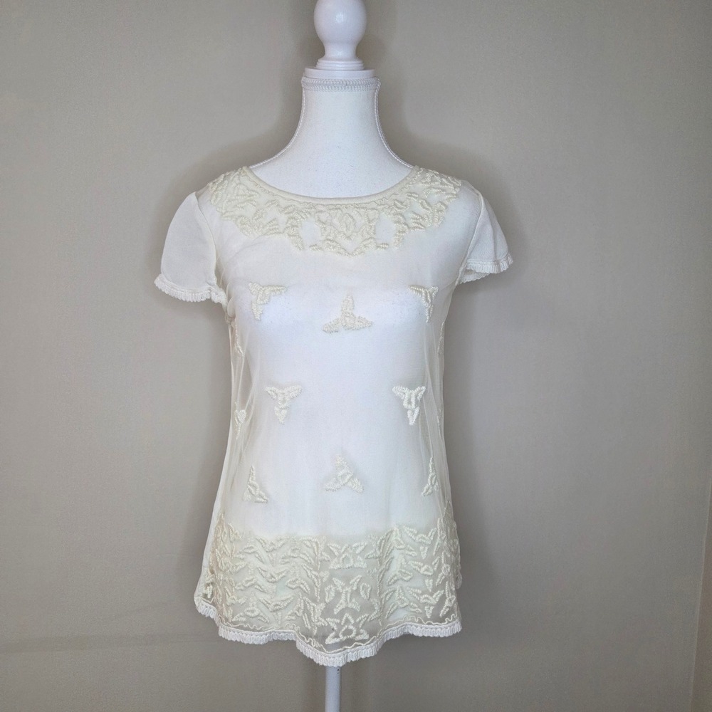 Maeve Anthropologie Lace Embroidered Sheer‎ Tulip Back Top Ivory Coquette Size 2
